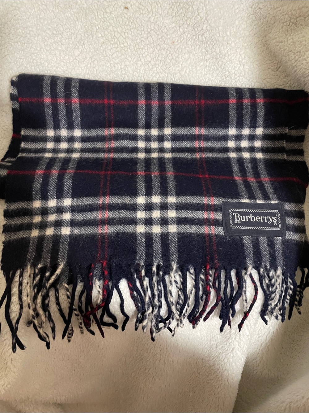 Vintage Burberrys of London Long Scarf Red/White/Blue Scarf Fringe Detail